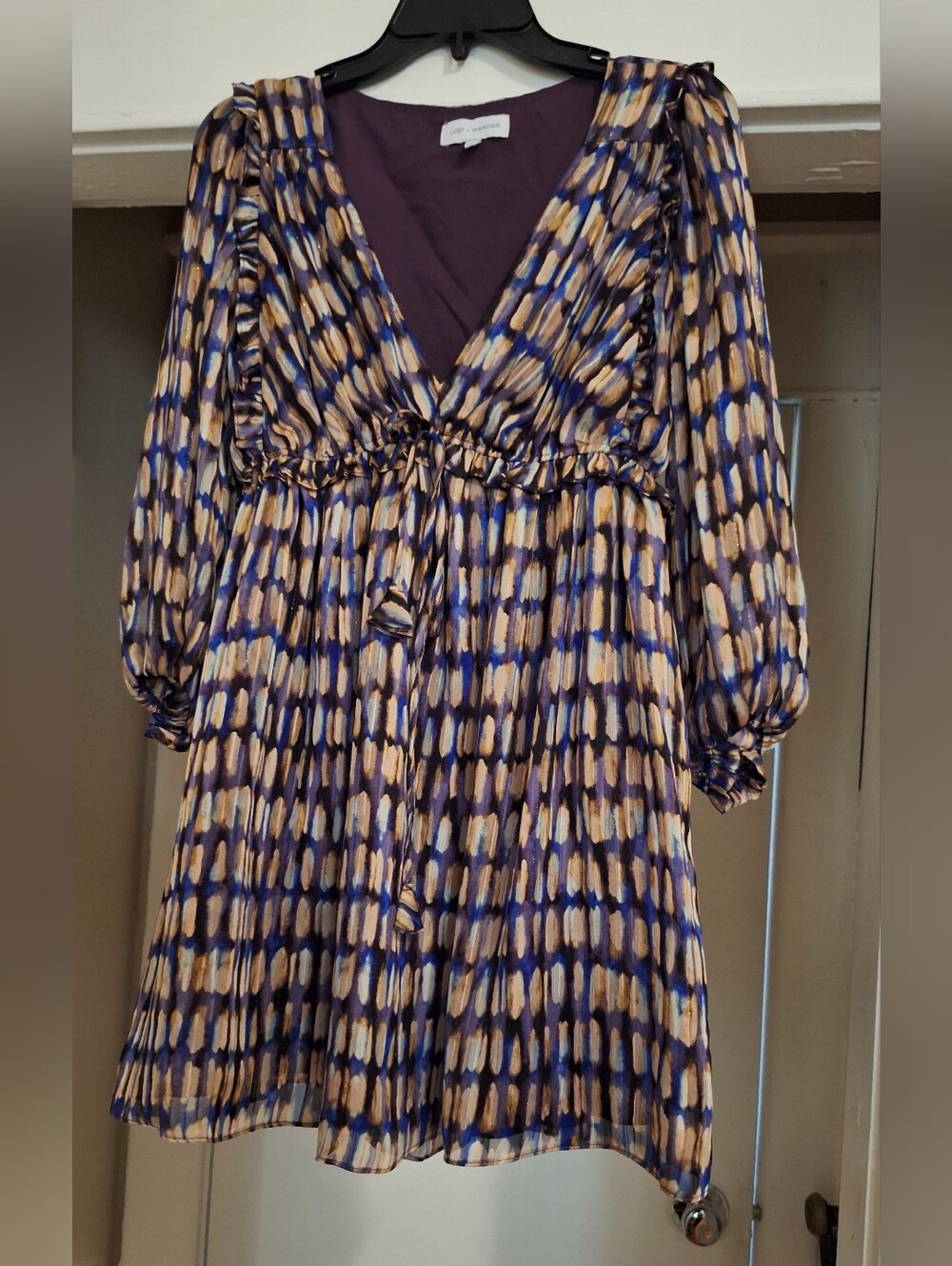 Lost + Wander Blue, Cream and Black Printed V-Neck Long Sleeve Dress